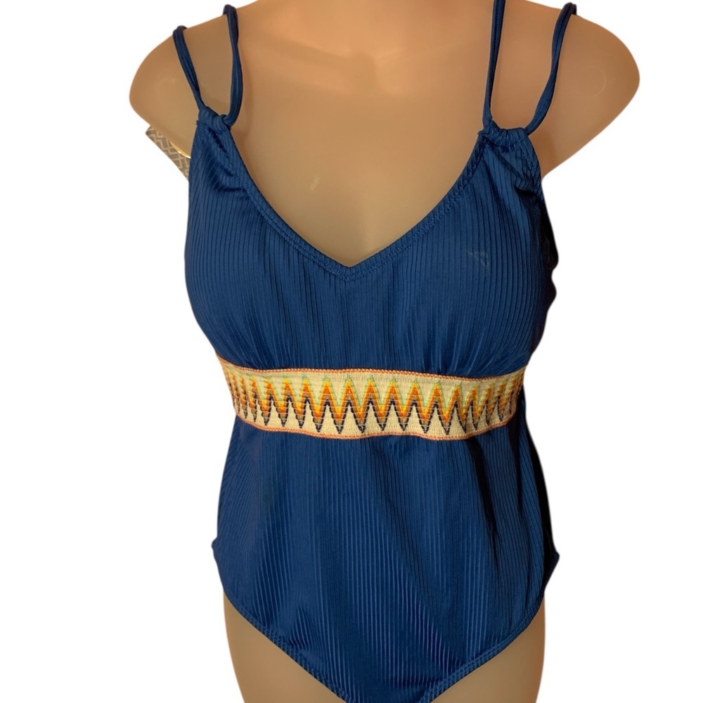 Blue One Piece with Patterned Waist